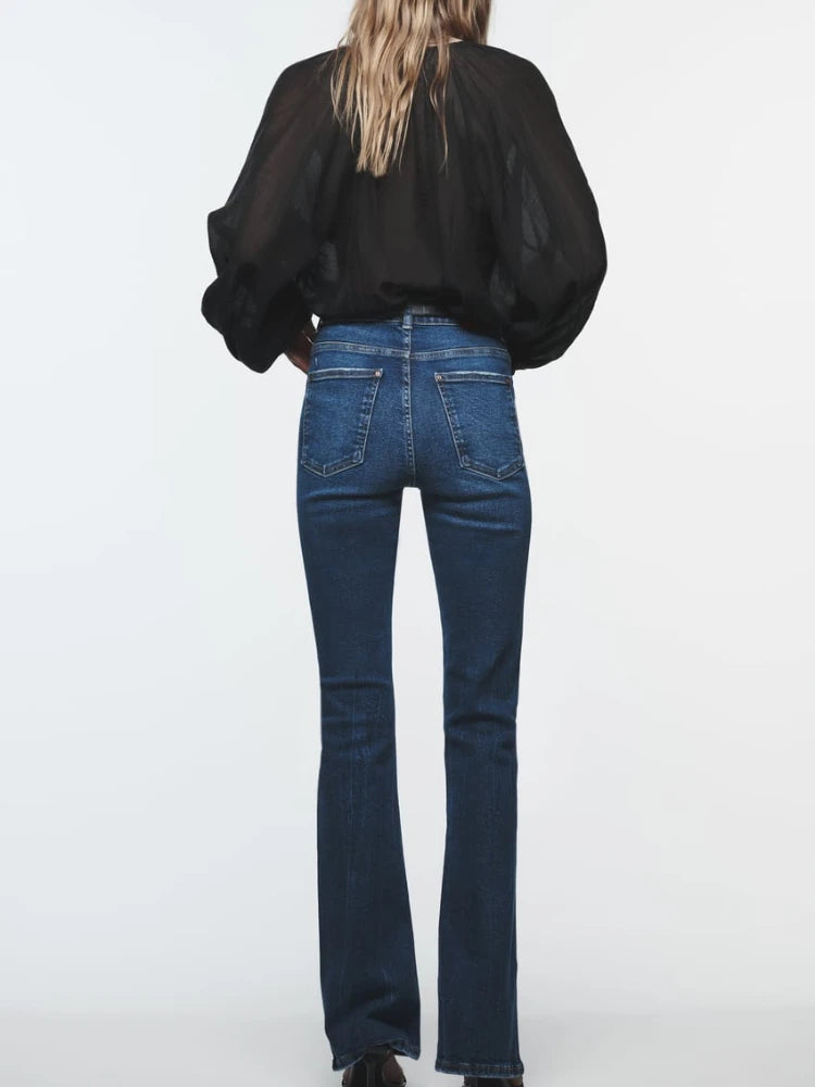 Woman's High Waist Flare Jeans Autumn Washed Effect High Rise Five Pocket Zip Button Closure Stretch Flared Legs Jeans