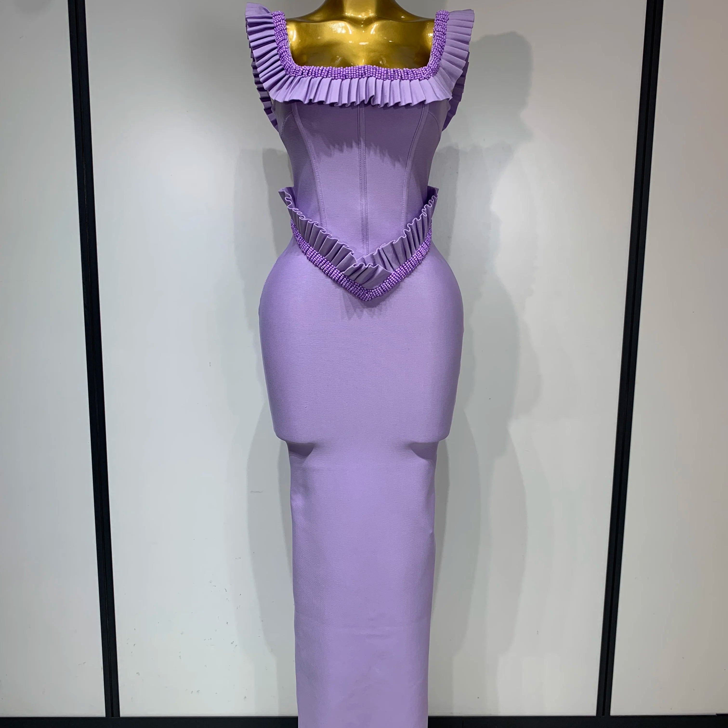 Women Sexy Square Collar Ruffles Beading Long Bodycon Bandage Dress 2025 Celebrity Elegant Evening Club Party Birthday Dress