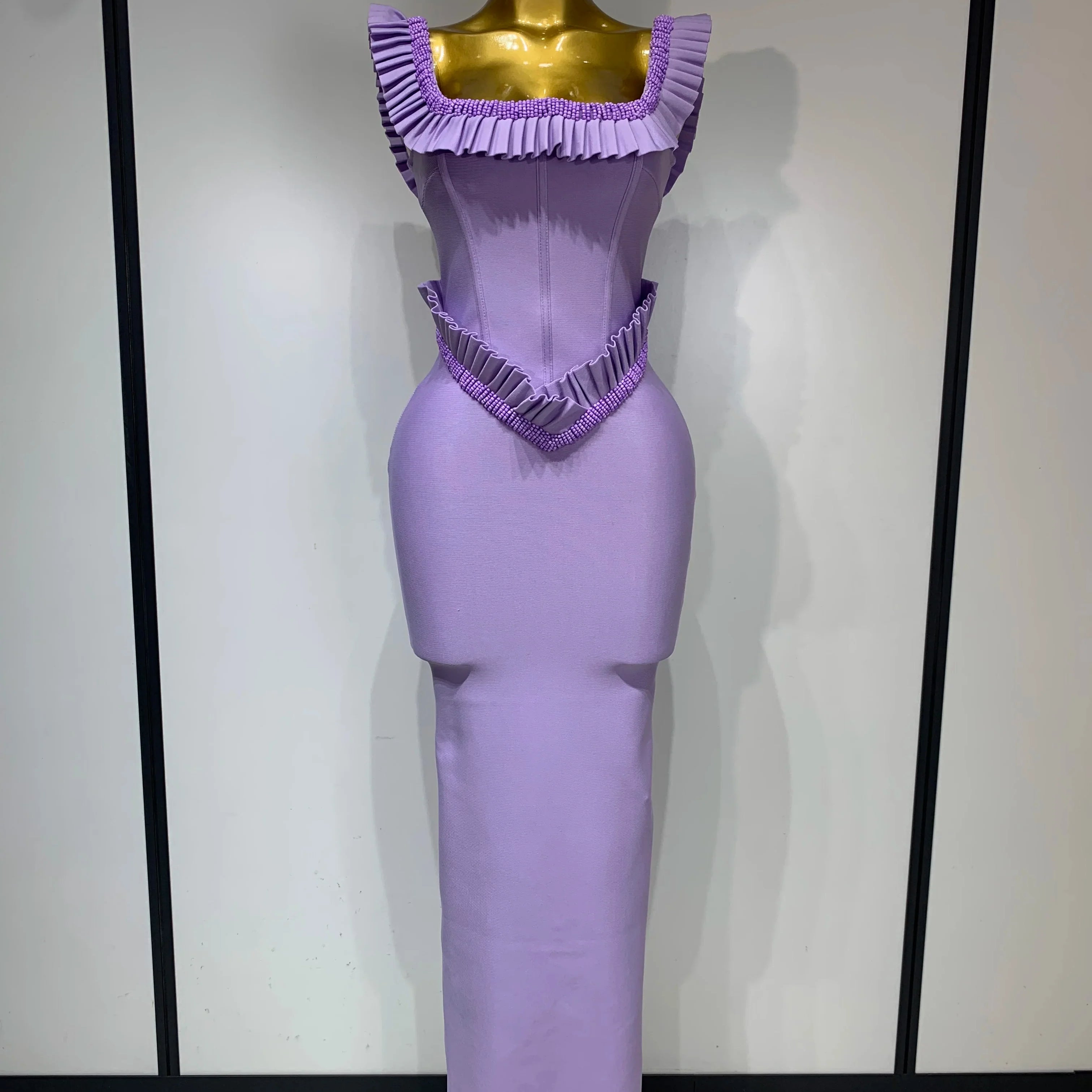 Women Sexy Square Collar Ruffles Beading Long Bodycon Bandage Dress  Celebrity Elegant Evening Club Party Birthday Dress