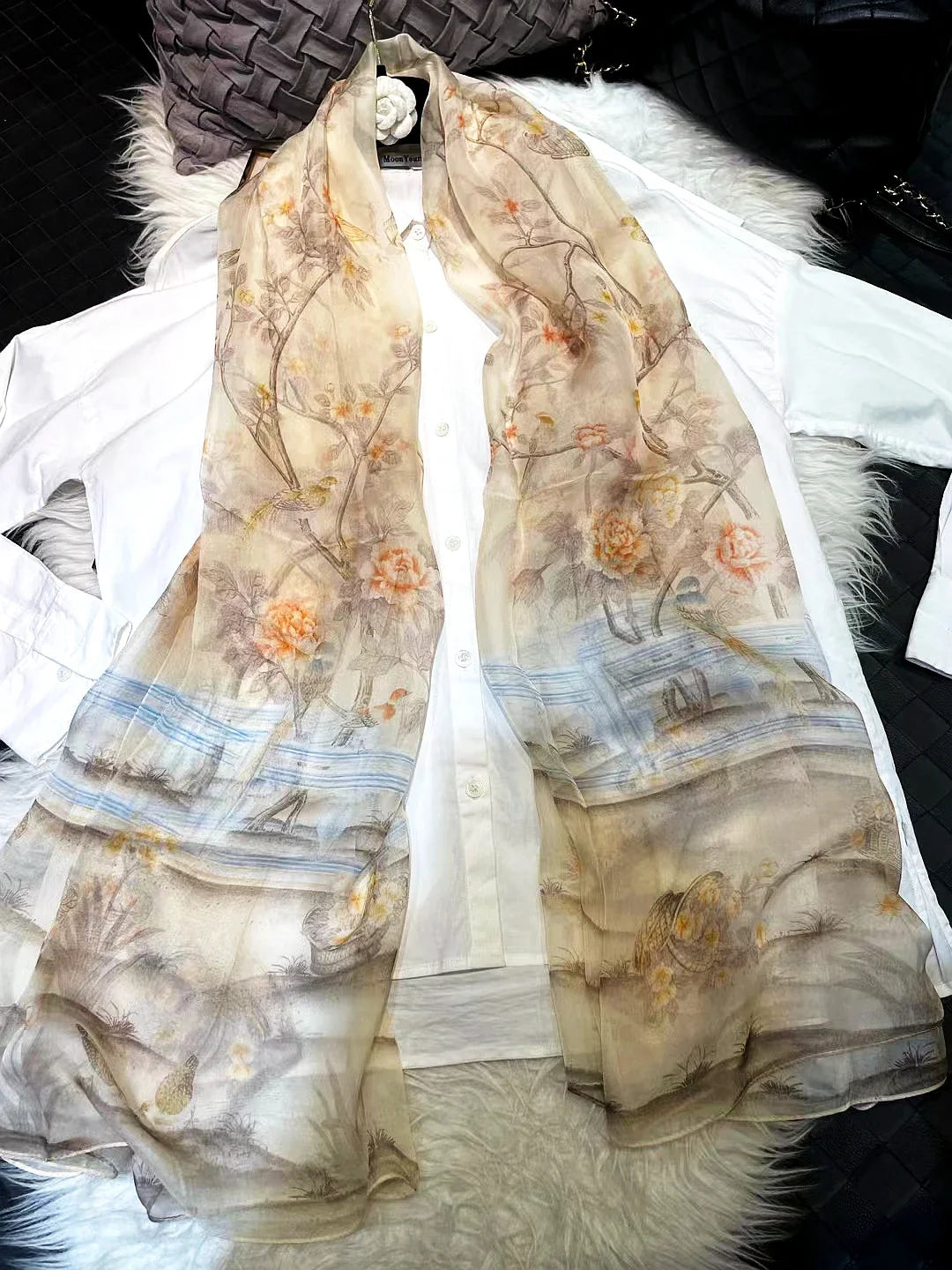 [BYSIFA] White 100% Silk Scarf Cape Fashion Floral Design Long Scarves Women Summer Utralong Beach Shawl Winter Scarves180*110cm beige floral