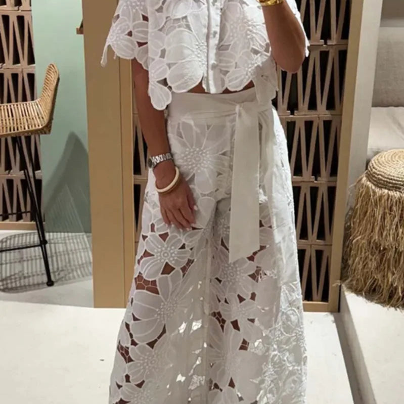 Sexy Lapel Single-breasted Shirt Top + Wide-leg Pants 2-piece Set Women Fashion Solid Color Elegant Casual Hollow Suit Female