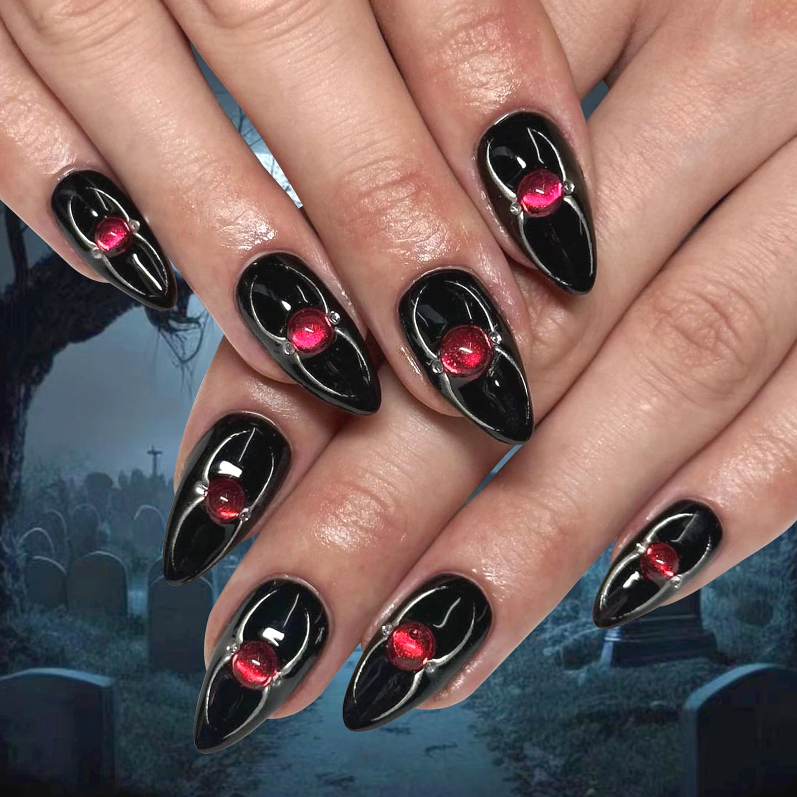 24pcs Halloween Gothic Fake Nail with Black Spider Bow Design False Nails European Long Coffin French Press on Nails Wearable