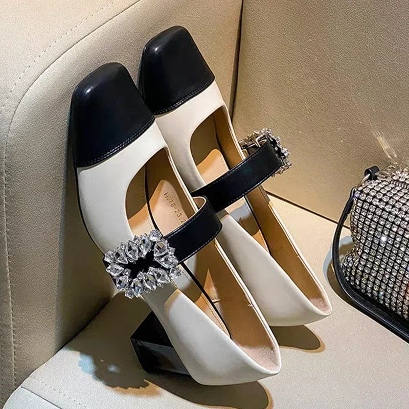 Mary Janes Mid Heels Shoes Women Luxury Crystal Shoes Summer Square Toe Lolita Zapatos Dress Chunky Elegant Pumps Femme