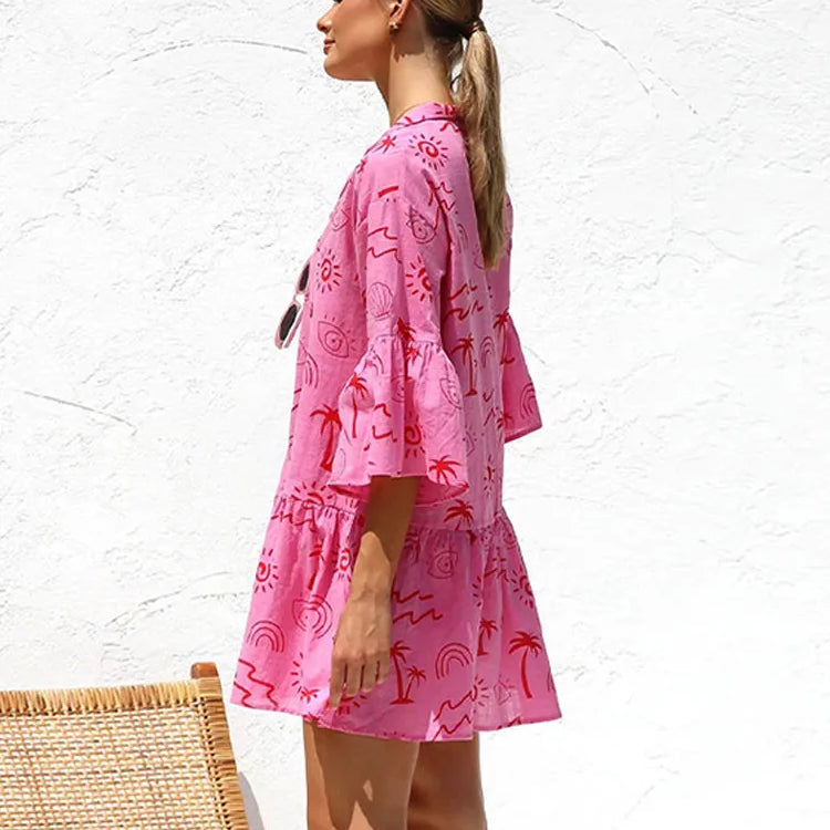 Print Flare Sleeve Ruffled Mini Women's Dress Elegant Shirt Collar Button Vestidos Spring Casual Loose Beach Female Dresses