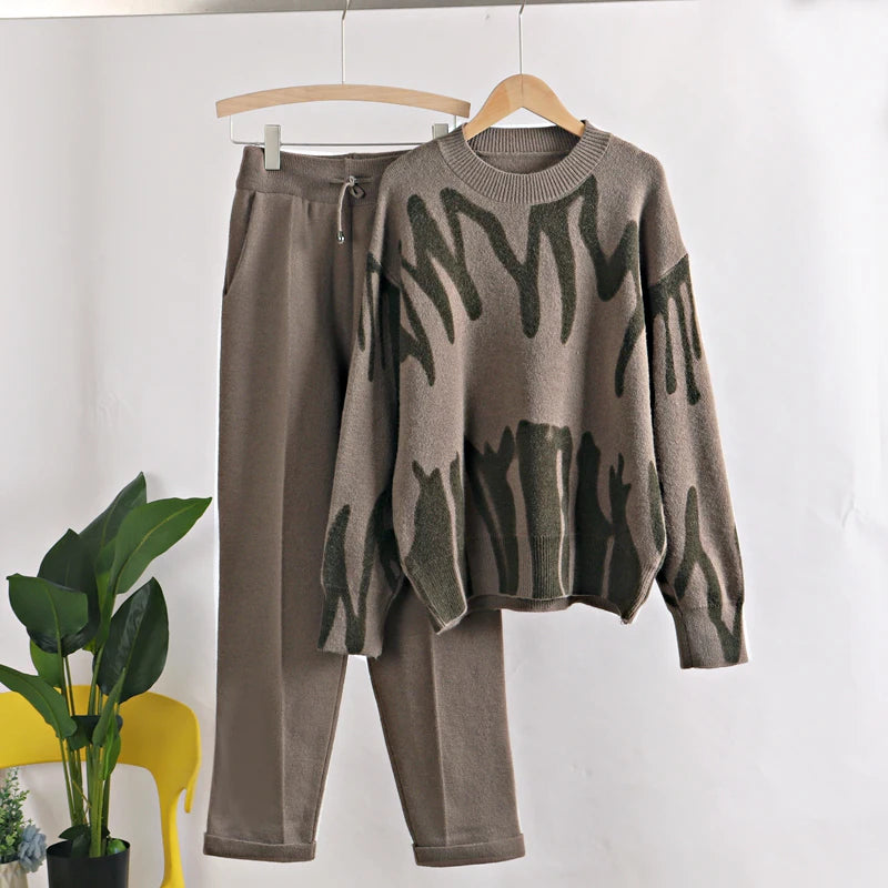 GIGOGOU Two Piece Women Autumn Winter Sweater TrackSuit OverSized Harem Pant Suits Lady Casual Warm Knitted Set coffee One Size