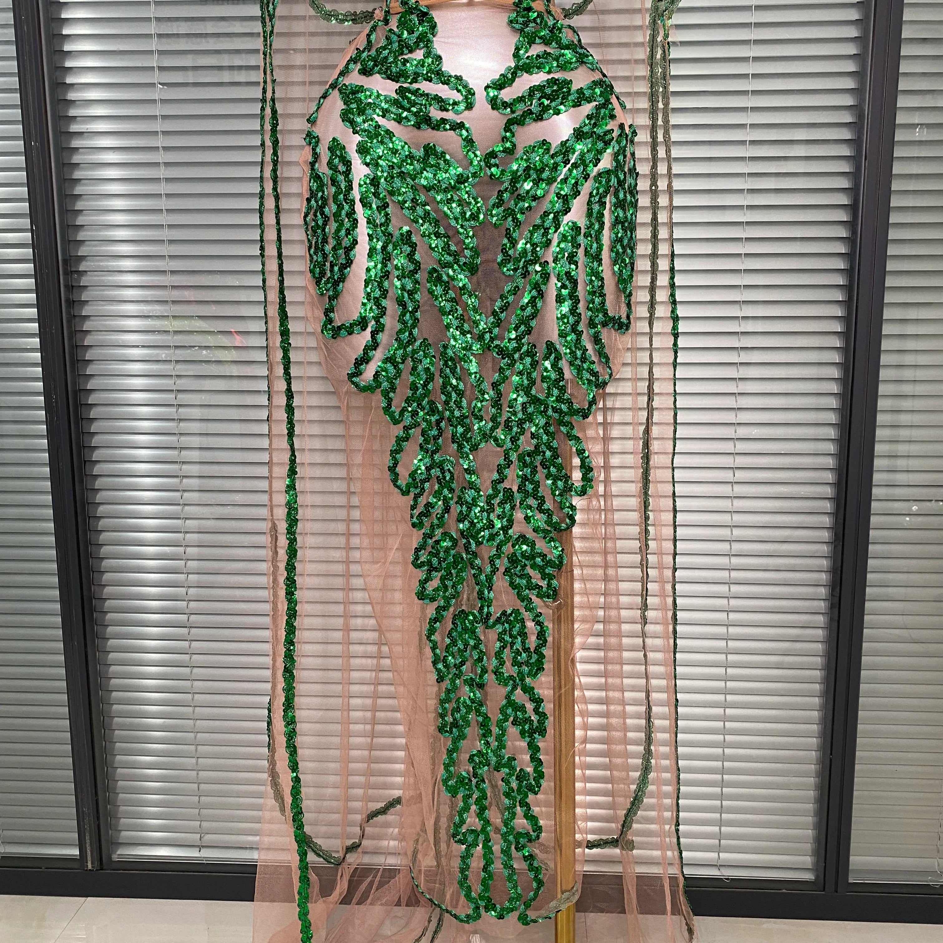 New Women Sexy Mesh Sheer Sequins Green Maxi Dress See Through Party Costume Stage Performance Dress