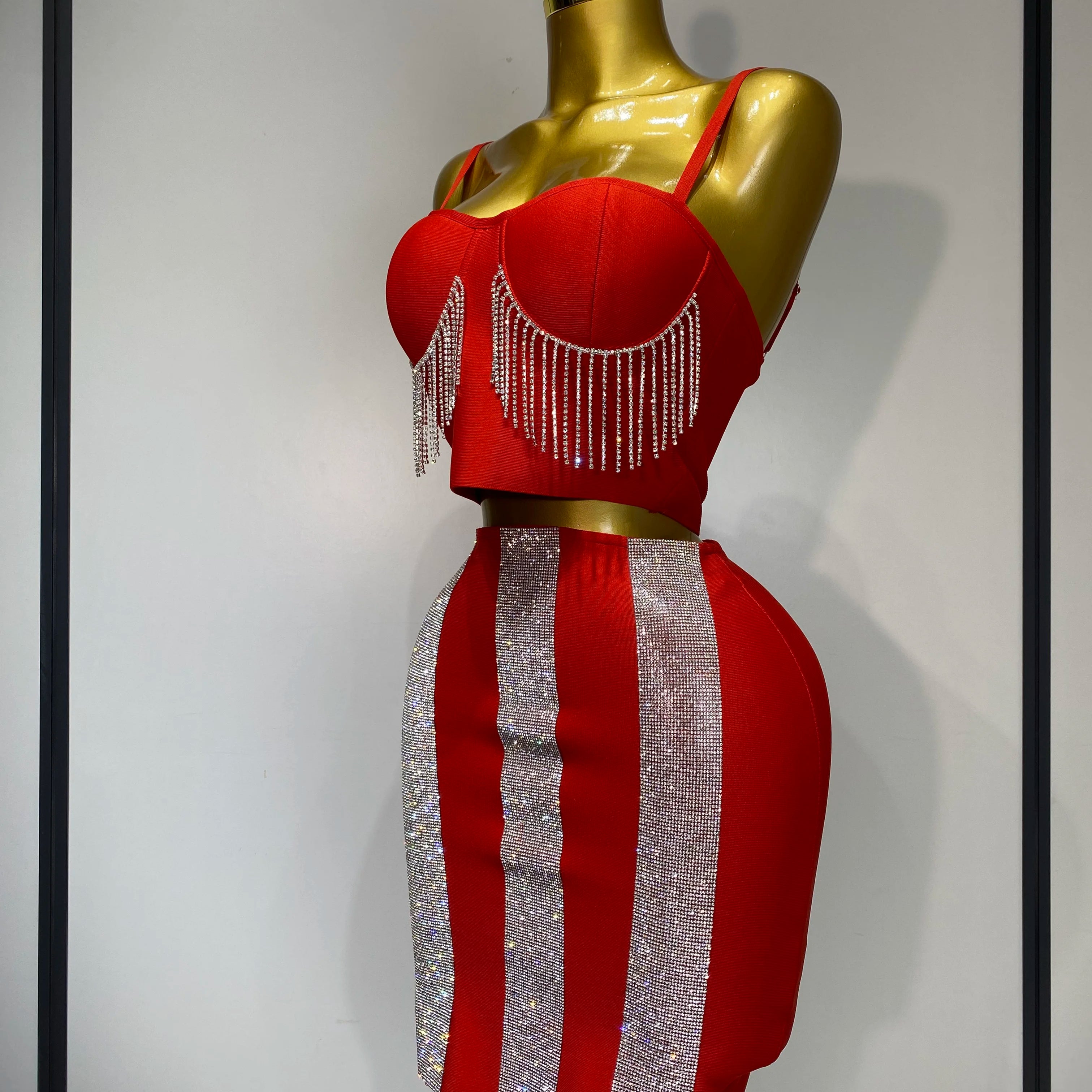 Women Sexy Sling Backless Tassels Bandage Skirt Two Piece Set 2025 Knitted Celebrity Elegant Evening Luxury Birthday Dresses