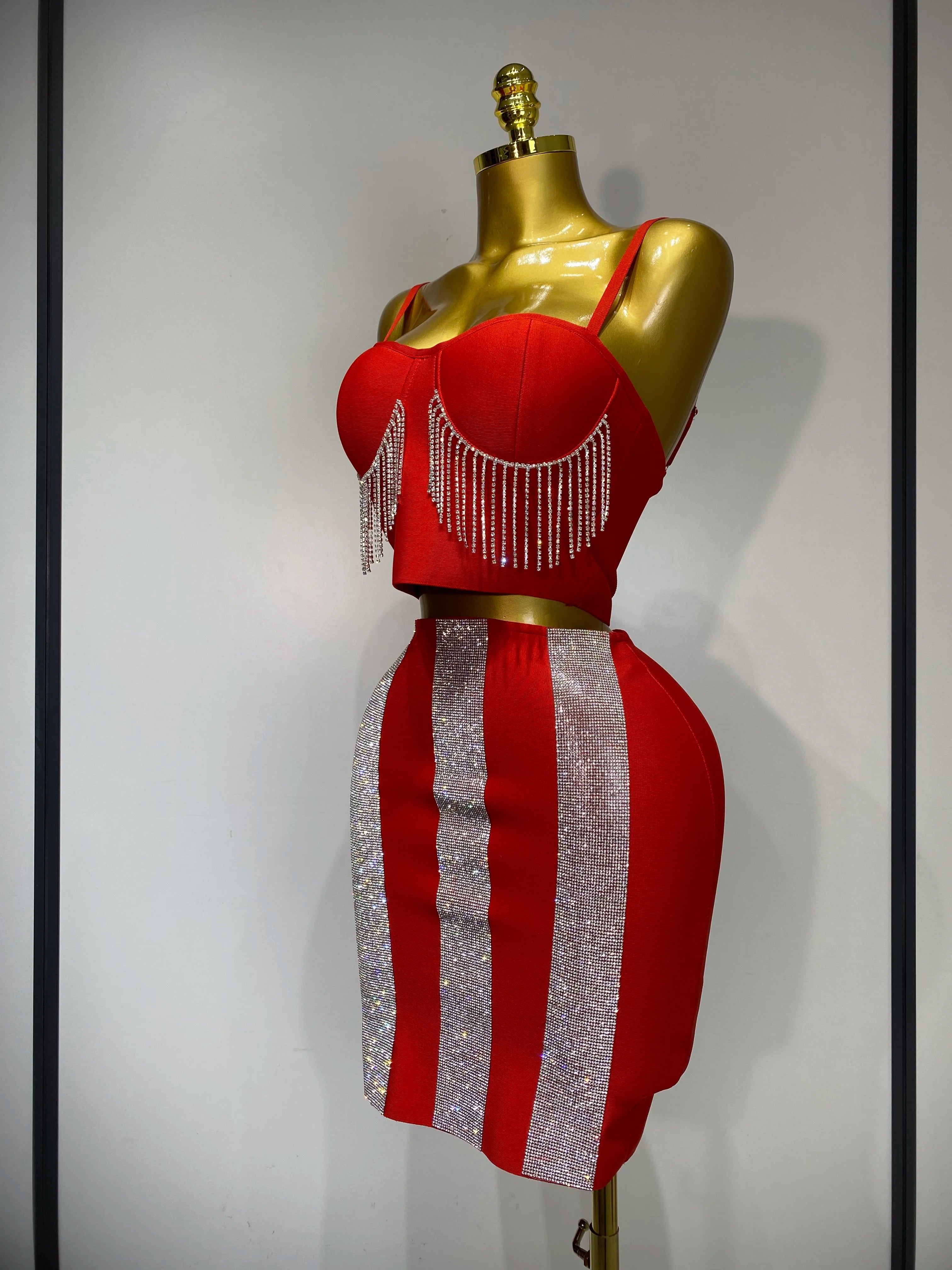 Women Sexy Sling Backless Tassels Bandage Skirt Two Piece Set 2025 Knitted Celebrity Elegant Evening Luxury Birthday Dresses