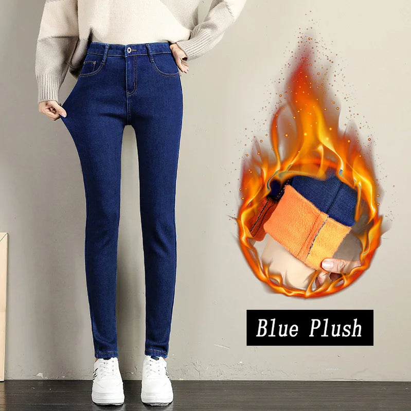 Women Stretch High Waist Skinny Warm Thick velvet Jeans Lady Mom Cotton Pants Student Winter Pencil Trousers clothes 38 40 Blue fleece