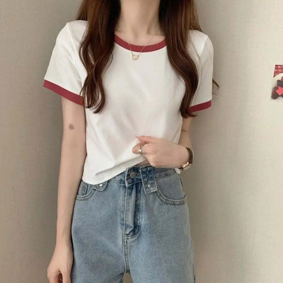 Women Short T-shirts Summer Lady Patchwork Korean Slim Cropped Tee Shirt Tops CDPF-WYP-6762