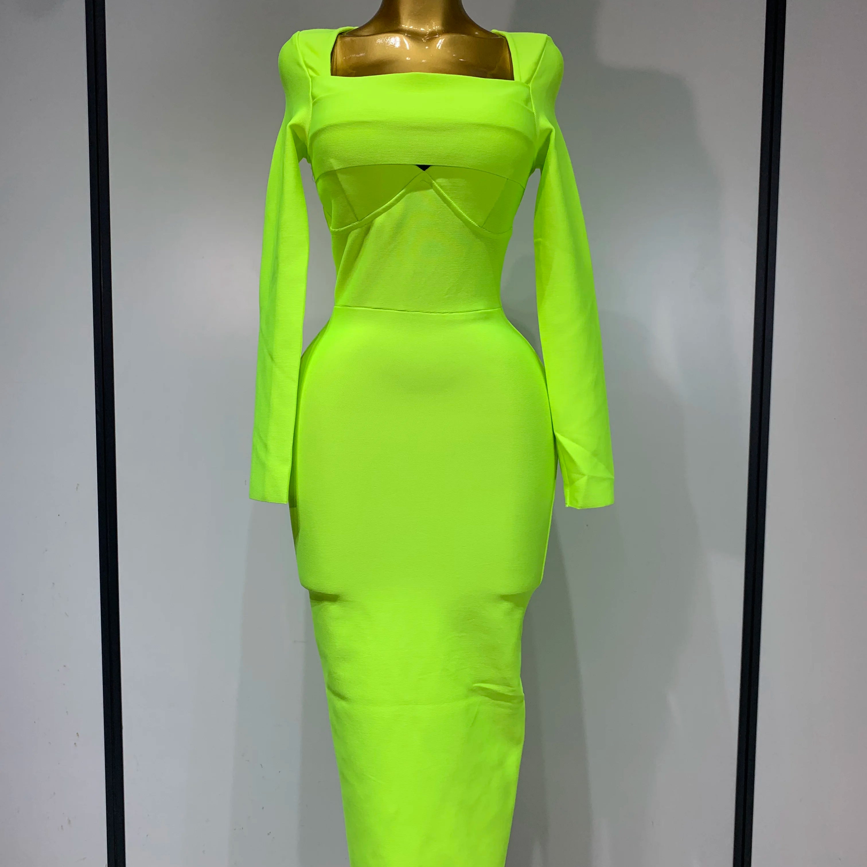 Women Sexy Long Sleeve Square Collar Fluorescent Green Midi Bodycon Bandage Dress 2025 Elegant Evening Birthday Party Dresses