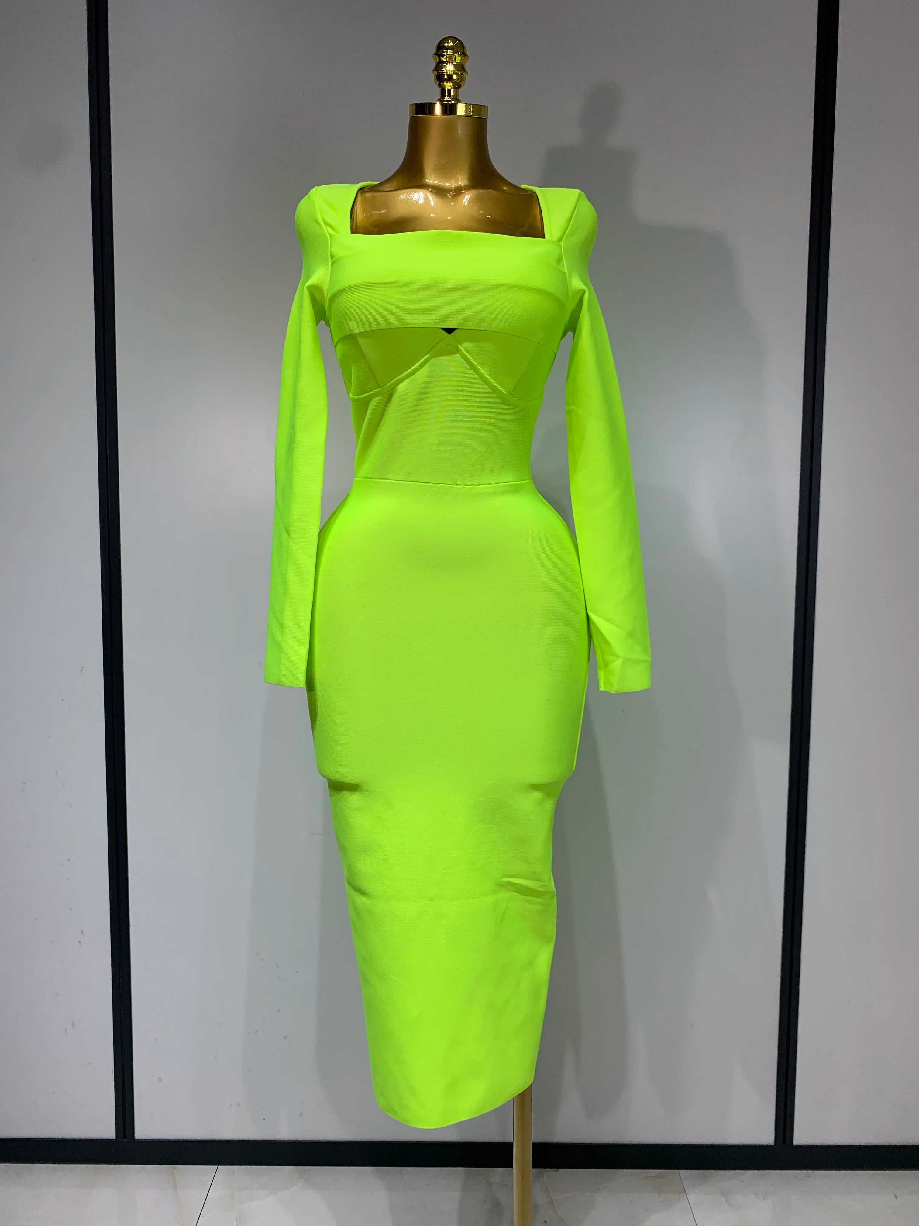 Women Sexy Long Sleeve Square Collar Fluorescent Green Midi Bodycon Bandage Dress 2025 Elegant Evening Birthday Party Dresses