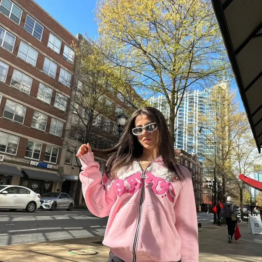 New Halloween Street Plus Loose Pink Printed Zipper Hoodie Hip Hop Fashion Friends Party Dress Y2K Clothes