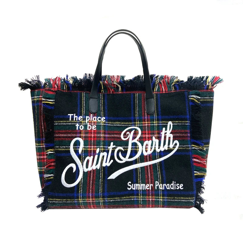 Tote Bags For Women 2024 New Luxury Handbags Embroidered Letter Spliced Triped Plaid Tassel Woolen Bag Fashion Large Bags Striped plaid