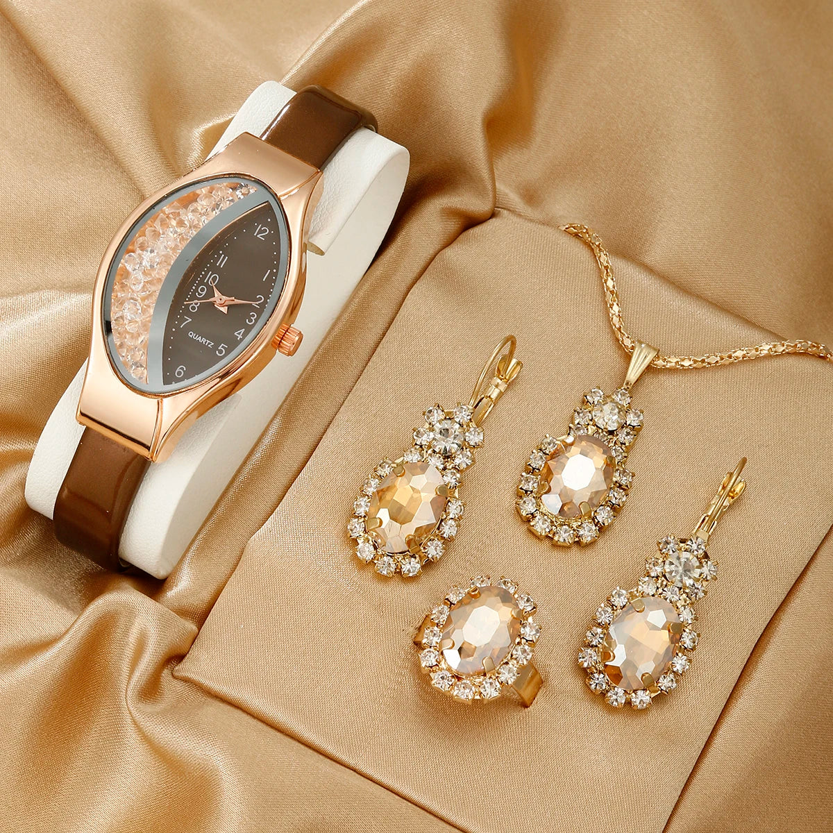 5pcs Set Fashion Versatile Watches Women Leather Band Ladies Watch Simple Casual Quality Luxury Ladies Quartz Wristwatches Brown