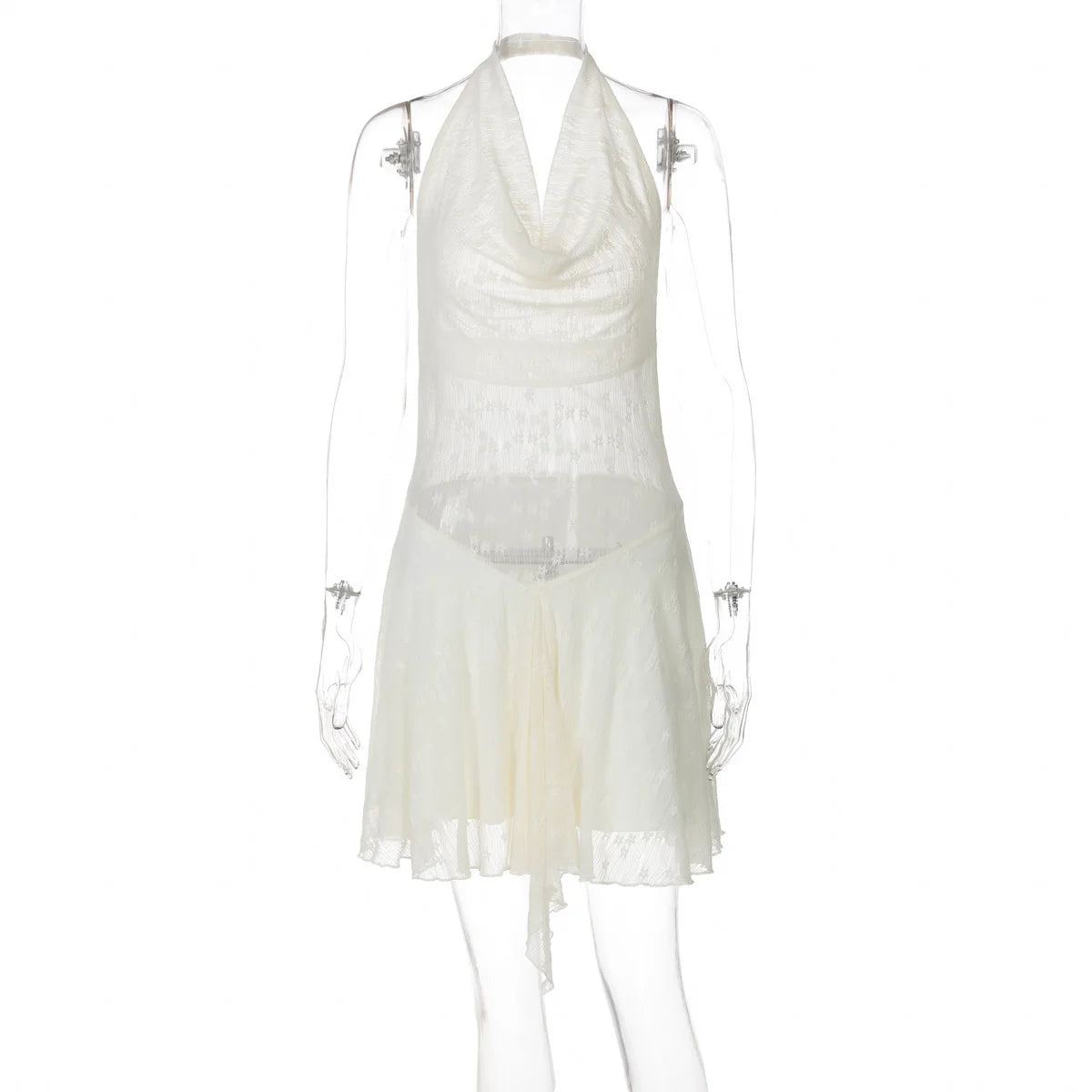 See Through Lace Halter Sexy Mini Dress Women Robe Halter Deep V Neck Backless Draped Ruffled Club Party Beach Dress