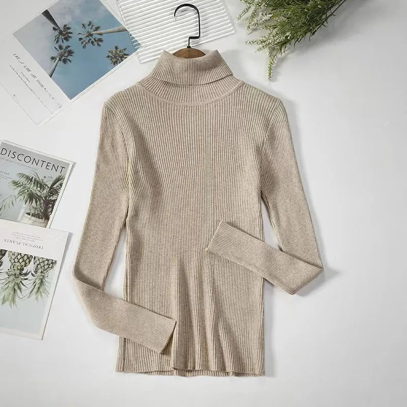 Thick Sweater Pullovers Long Sleeve Tops Women Autumn Winter Clothes Slim Knit Soft Jumper Streetwear Button Turtleneck Sweater khaki-3 One Size