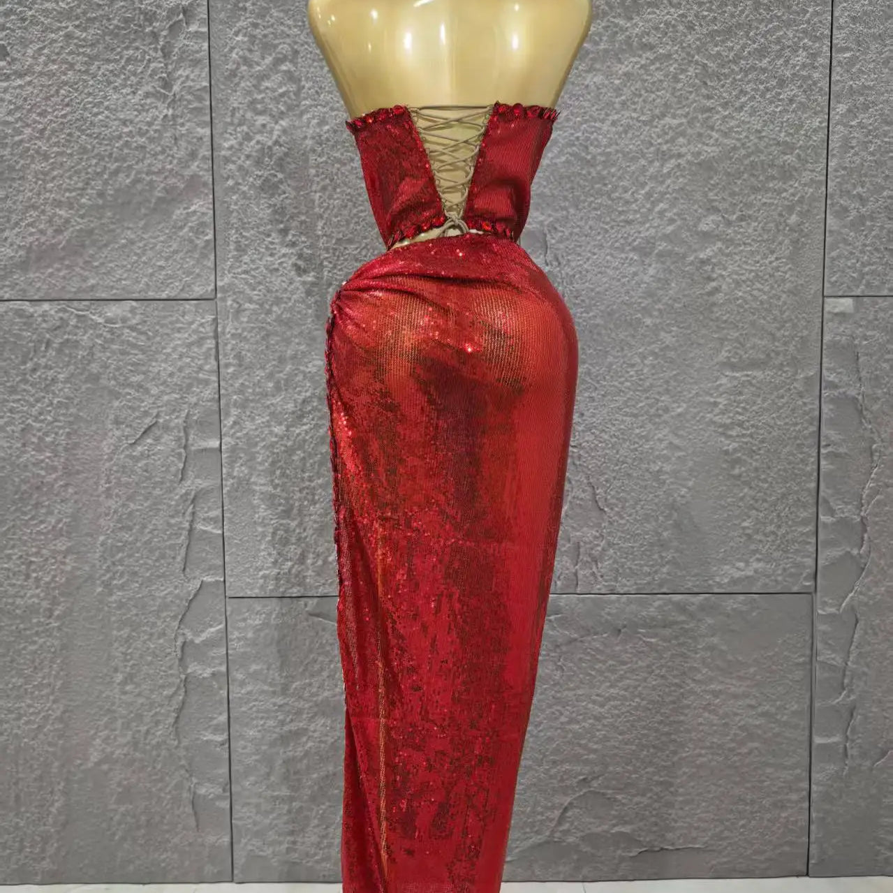 Red Color Women Sexy Off the Shoulder Shinning Crystal 2 Pieces Bodycon Long Dress Celebrate Birthday Party Nigtclub Outfit