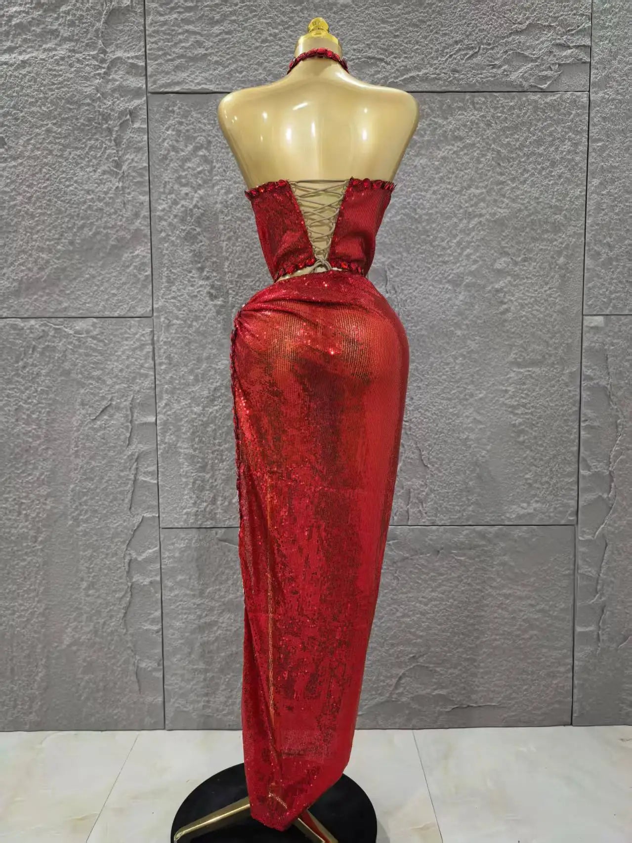 Red Color Women Sexy Off the Shoulder Shinning Crystal 2 Pieces Bodycon Long Dress Celebrate Birthday Party Nigtclub Outfit