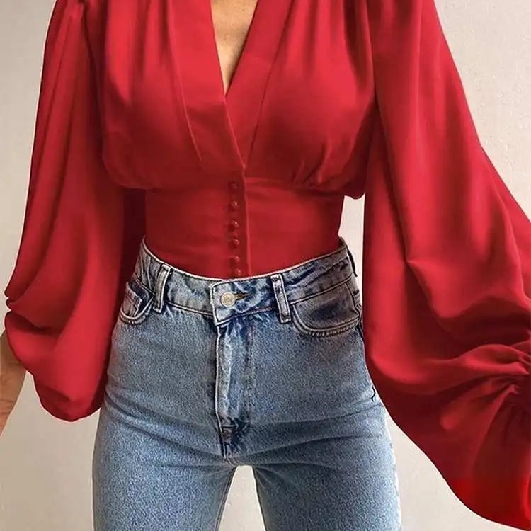 Vintage Blouses for Women Fashion Lantern Long Sleeve Buttons Front Crop Tops Sexy V-neck Shirts French Party Blusas