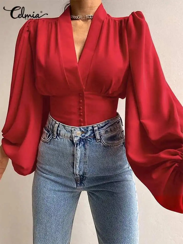 Vintage Blouses for Women Fashion Lantern Long Sleeve Buttons Front Crop Tops Sexy V-neck Shirts French Party Blusas
