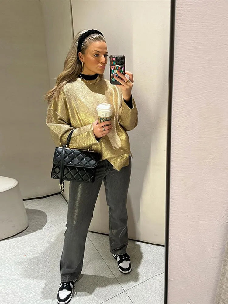 Women Solid O Neck Pullover Top Elegant Loose Long Sleeve Gold Sweatshirt Autumn Female Fashion Casual Shinny Outerwear