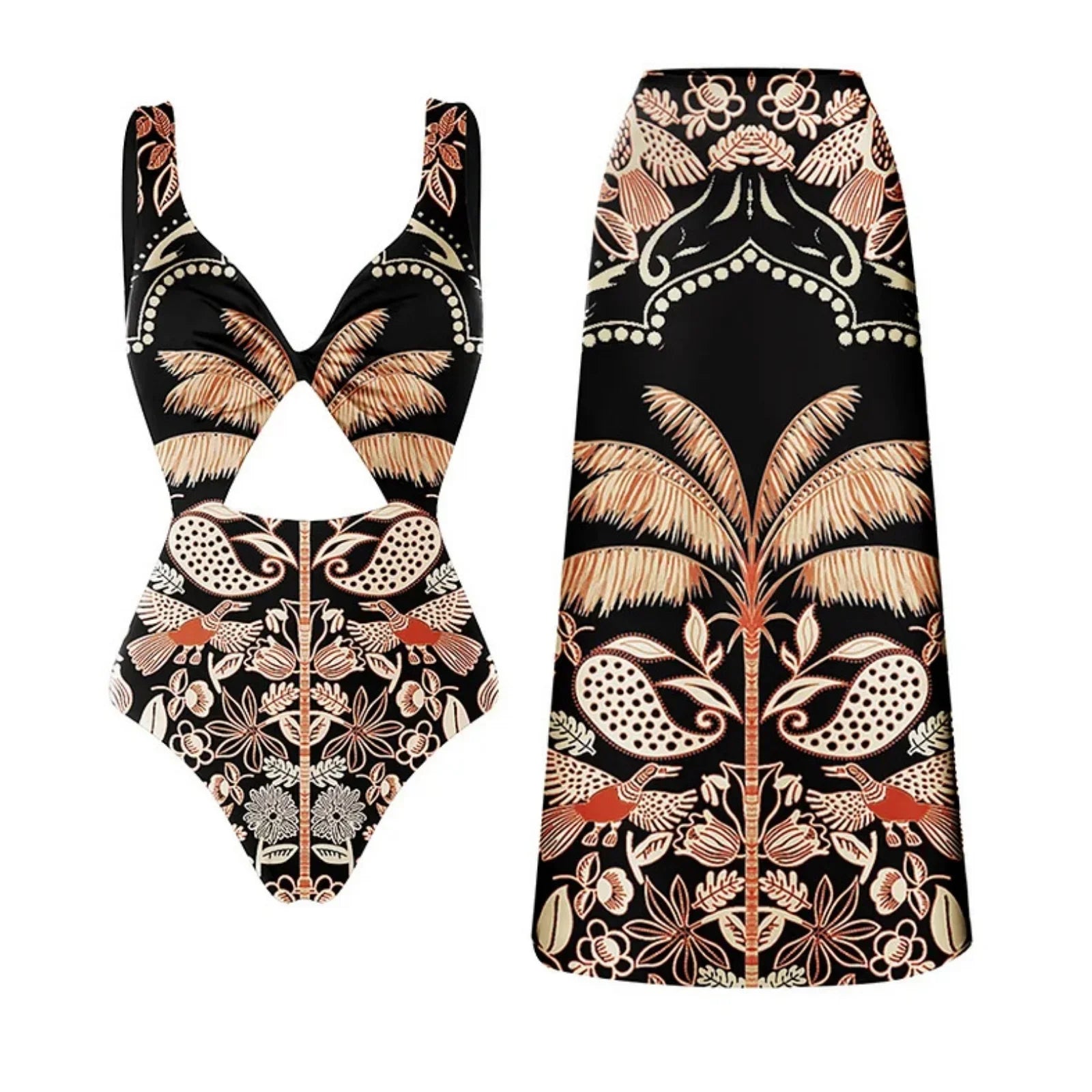 New Hollow Out One Pieces Swimwear+Skirt Bathing Suit Retro Matching Set for Women Two Peices Swimwsuit Bikinis Monokini Set 2