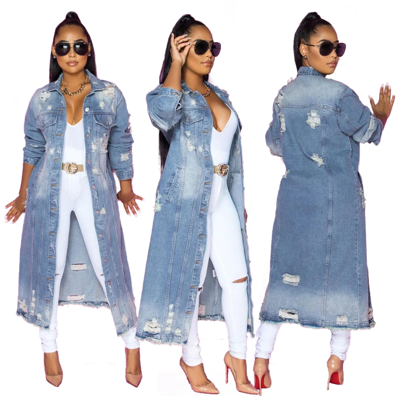 European and American Fashion Women's Wear with Holes Long Sleeved Denim Trench Coat Cardigan Denim Cape baby blue