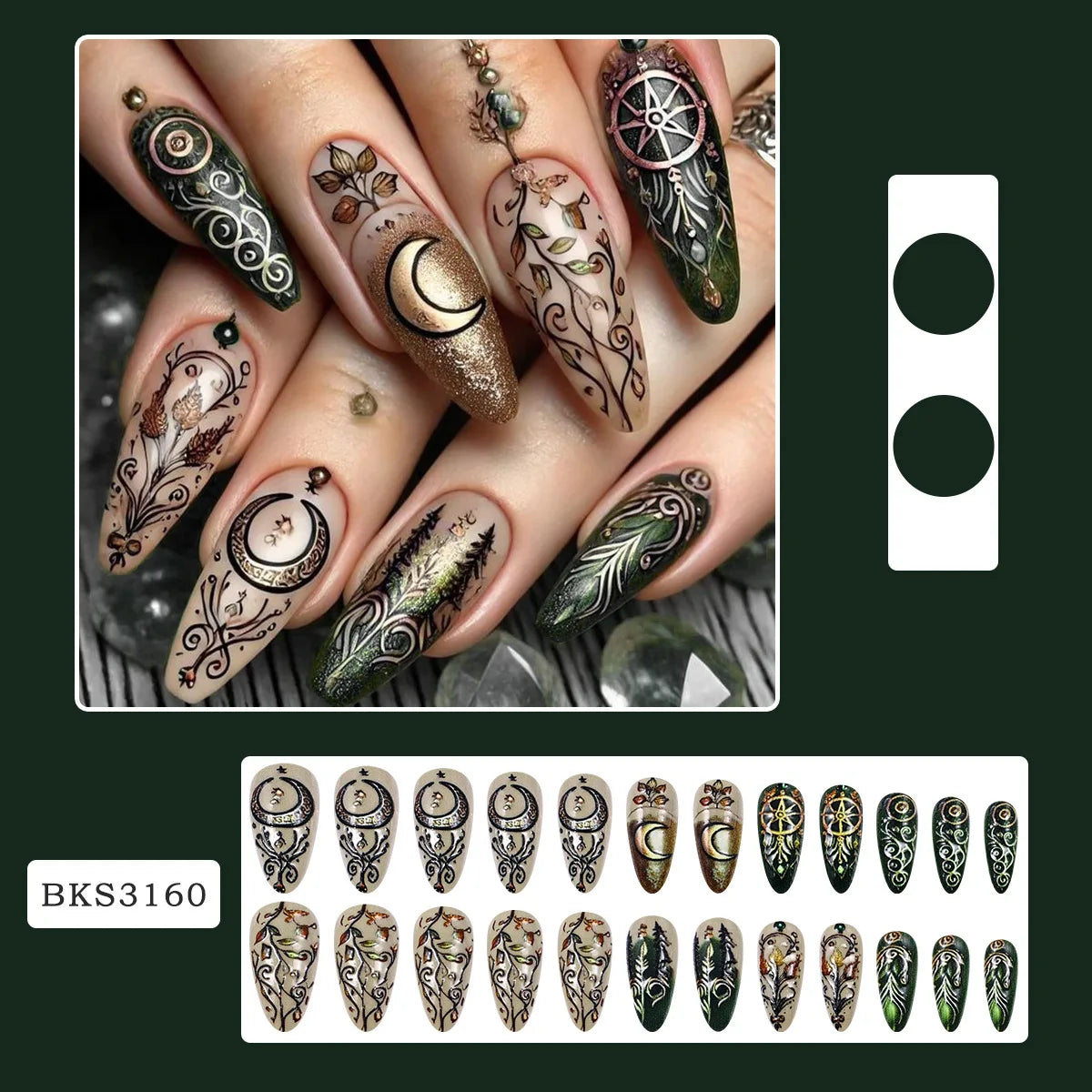 24pcs Mandala style False Nails Moon Flower Pattern Press on Nails European Retro Fake Nail Patch Women Lady Wearable Design