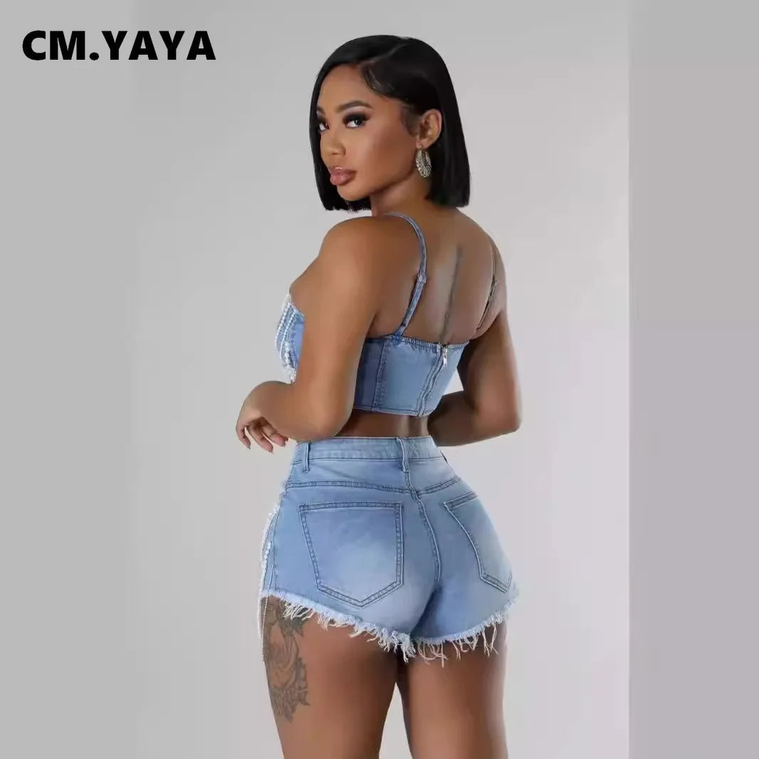 CM.YAYA Women Set Denim Strapless Pearl Beading Top + shorts Sets Street Casual Two 2 Piece Set Sexy Party Outfit 2024 Summer