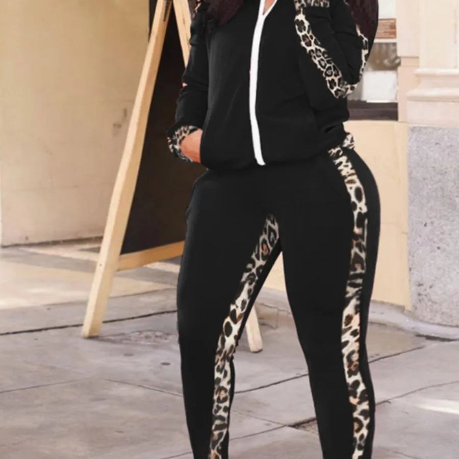 LW Plus Size Leopard Print Tracksuit Set Women Patchwork Zipper Design Mandarin Collar Long Sleeve Two Piece Pants Matching Set