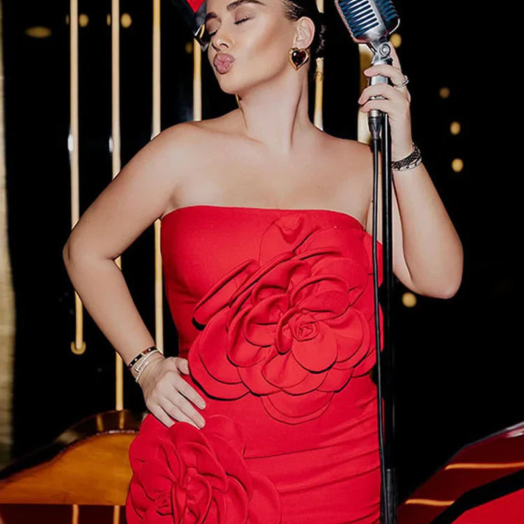 Women Red 3d Flower Strapless Short Dress Elegant Backless Sleeveless High Waist Mini Dresses Fashion Banquet Chic Robes
