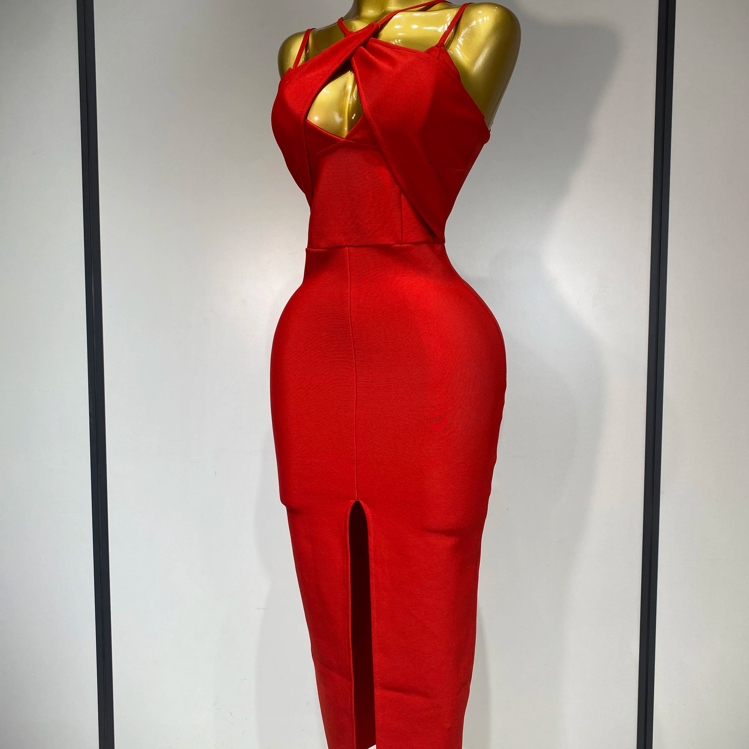 Women Sexy Sleeveless Hollow out Split Backless Red Midi Bandage Dress 2025 Celebrity Elegant Evening Luxury Birthday Dresses