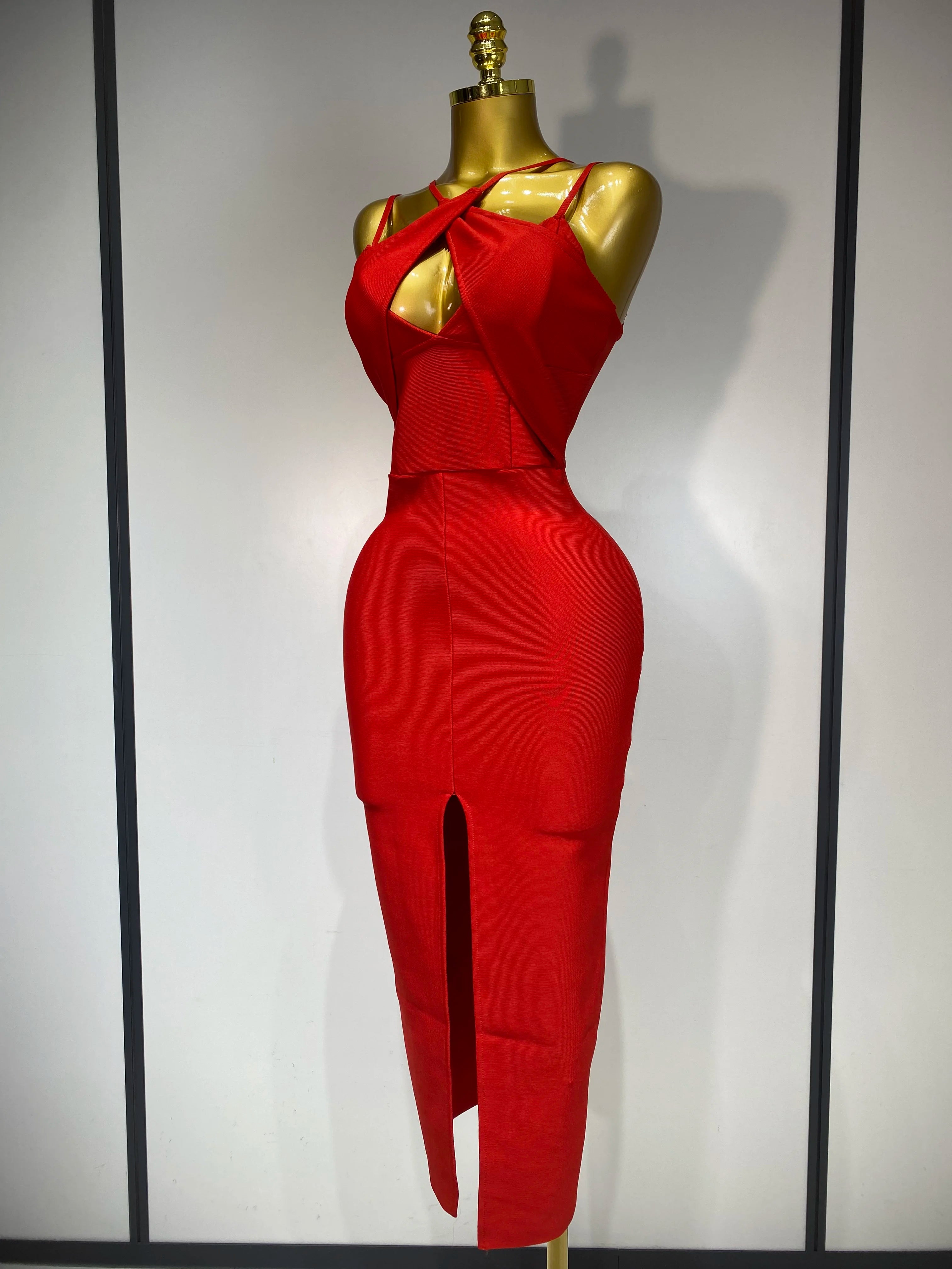Women Sexy Sleeveless Hollow out Split Backless Red Midi Bandage Dress 2025 Celebrity Elegant Evening Luxury Birthday Dresses