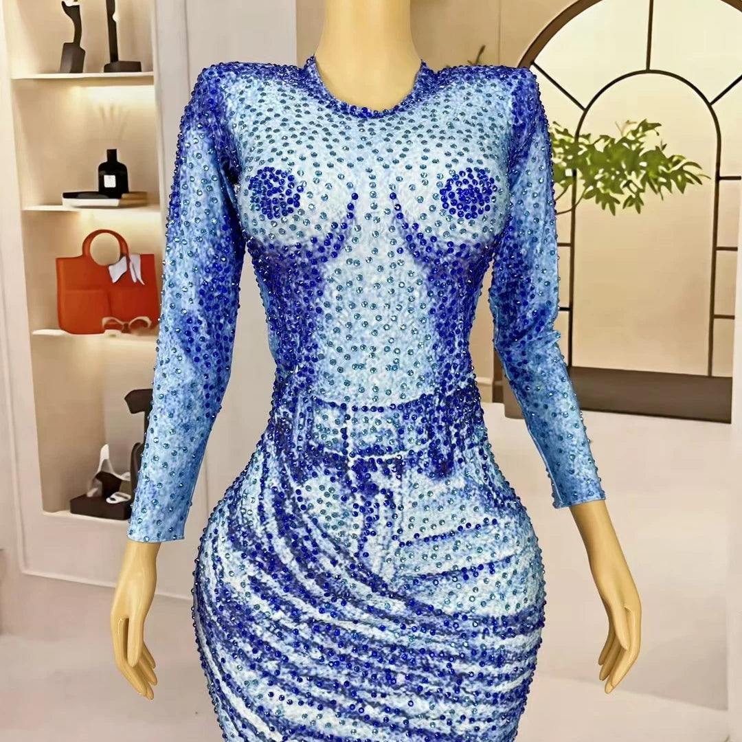 Fashion Sparkly Blue Rhinestones Long Sleeve Mini Dress Club Hot Girls Birthday Party Performance Show Skinny Dress Lanniuzai