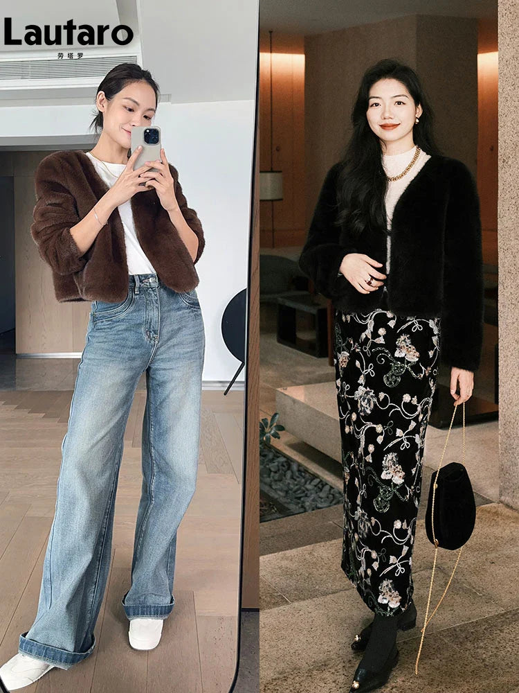 Autumn Winter Chic Luxury Soft Thick Warm Brown Faux Mink Fur Coat Women with Deep V Neck Long Sleeve Fluffy Jacket 2024