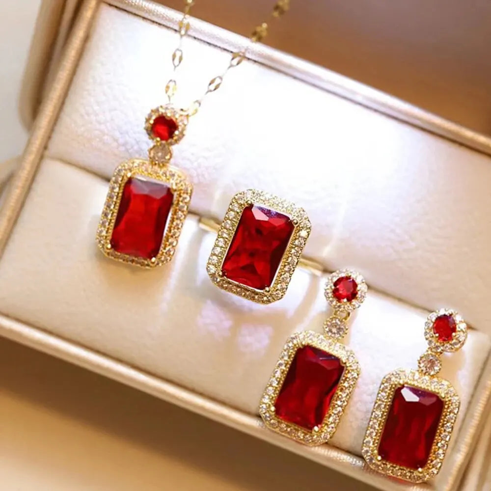 4PCS Sets Exquisite Quadrate Rhinestone Necklace Earrings Ring Jewelry Set Charm Ladies Jewelry Fashion Bridal Gifts Red