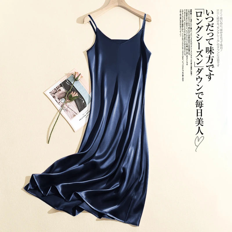 2024 Summer Chic Elegant Dresses For Women Adjustable Strap Satin Long Birthday Party Dresses Maxi Beach Sundress Robe Vestido dark blue