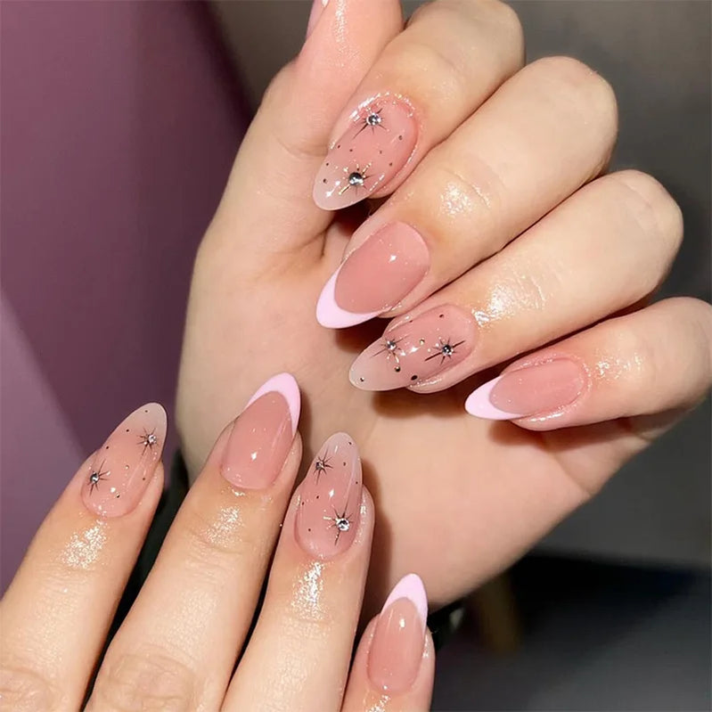 24pcs Starry Almond Simple Bare Pearl Powder Dot Diamond Press on Nails French Fake Nails Full Cover Wearable False Nails