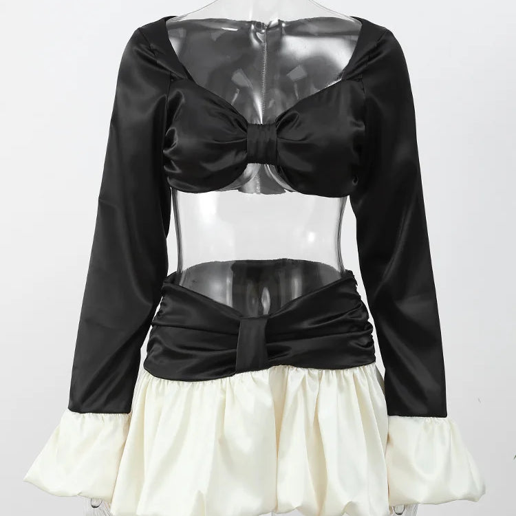 Sexy Contrasting Cropped Chest Wrapped Top Suit White Pleated Hem Short Bud Skirts Sets Elegant Lady Party Club Women's Clothes