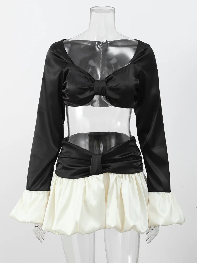 Sexy Contrasting Cropped Chest Wrapped Top Suit White Pleated Hem Short Bud Skirts Sets Elegant Lady Party Club Women's Clothes