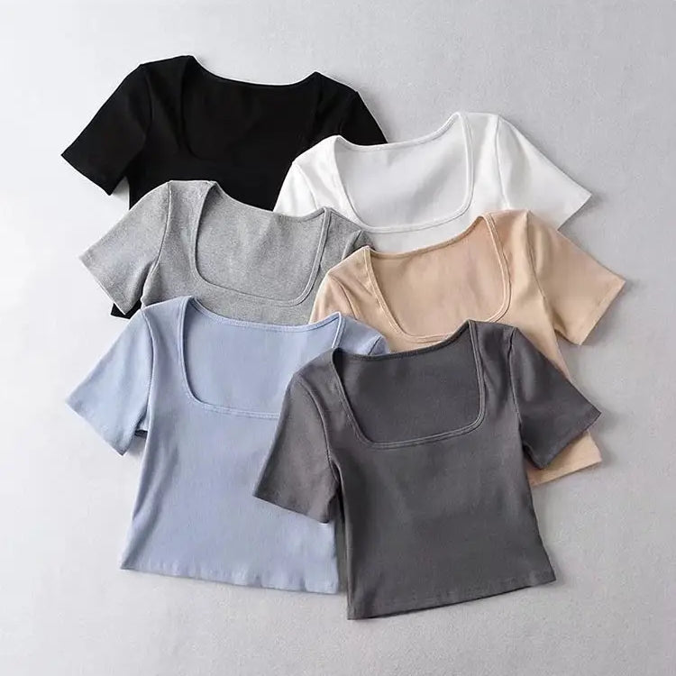 Women Square Neck Rib Crop T-shirt Short Sleeve Crop Top