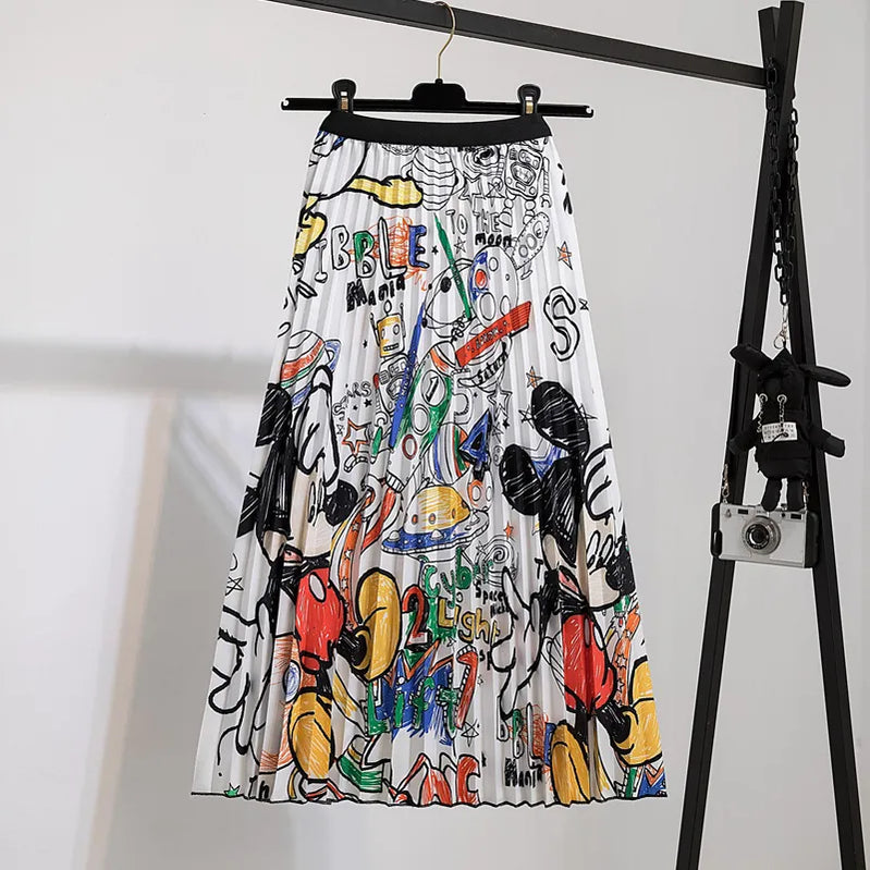 Disney Mickey Mouse Women Pleated skirt New Cartoon Print Long Skirts Women Young Girl street styl Large Size Female Falda Y2K