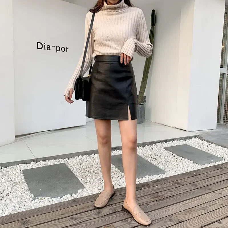 Slit Leather Skirt Female Autumn Winter New A- line Skirt Office Lady Sheath High Waist Slimming Skirt Mujer Faldas