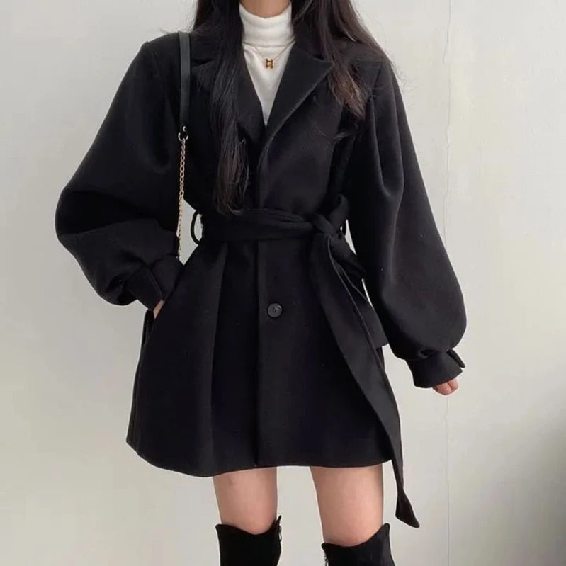 Women Woolen Lace-up Trench Coat With Pockets Turn-down Collar Buttons Long Sleeve TRAF Coat Overcoat Women Fall Winter