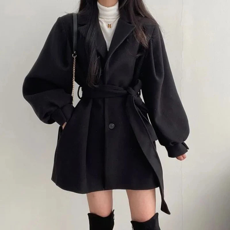 Women Woolen Lace-up Trench Coat With Pockets Turn-down Collar Buttons Long Sleeve TRAF Coat Overcoat Women Fall Winter