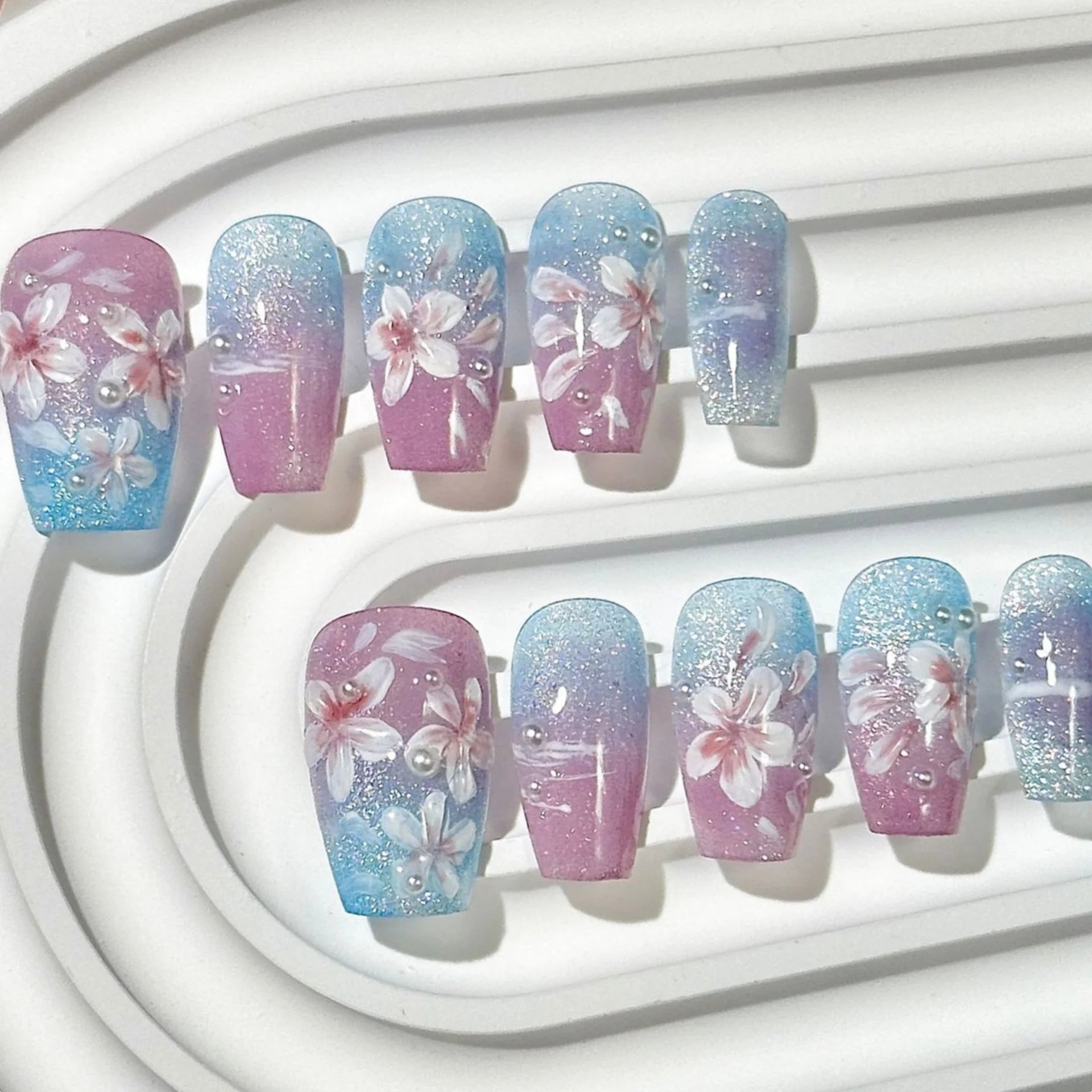 10pcs Brown Handmade Nails Tips Gradient Cat's Eye Design Short Ballet Fake Nail Reusable Glitter False Nail Art Press on Nails