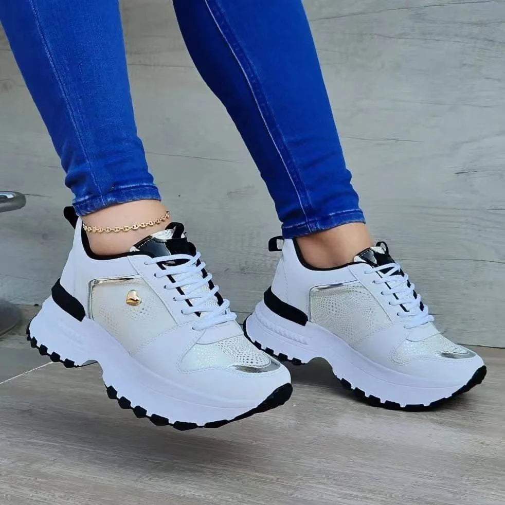 Spring autumn new low top shallow mouth thick bottom tie round head Fashion Female Lace Up casual sports shoes woman WHITE