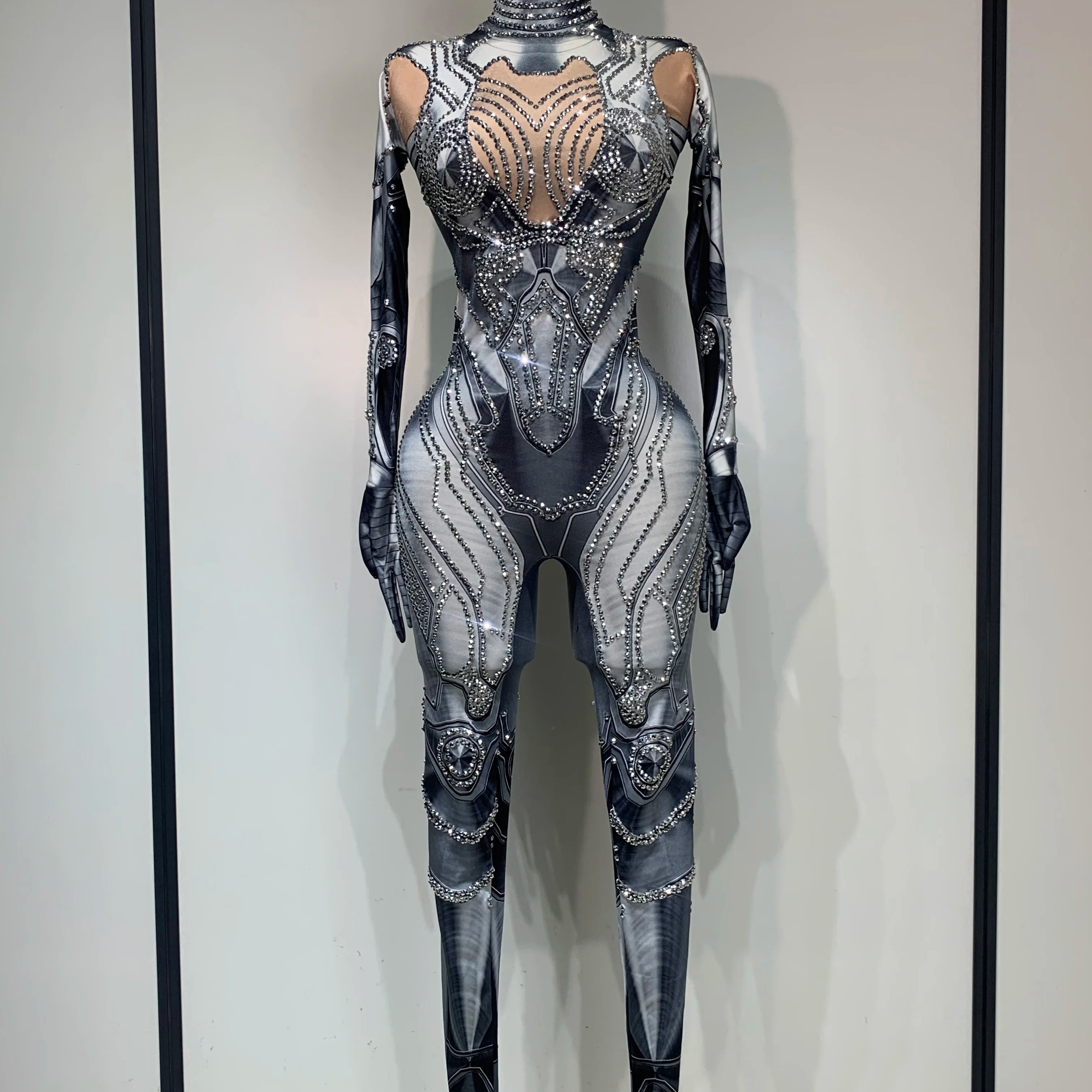 2025 Sexy Stretchy Performance Dance Nightclub Rompers Singer Stage Wear Sparkly Rhinestones Jumpsuit Gloves for Women Costume