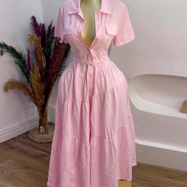 CM.YAYA Women Short Sleeve Single Breasted Belt Long Maxi Dress 2025 Street Birthday Evening Sexy Party Shirt Dresses Vestidos
